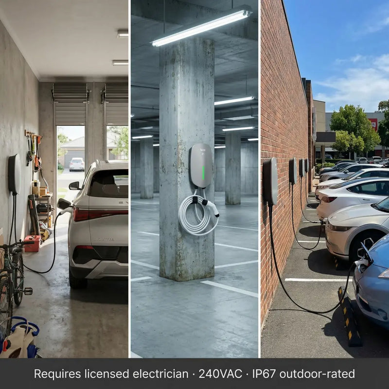 Outway EV05 installation examples in private home garage, underground parking, and commercial outdoor carpark requiring licensed electrician.