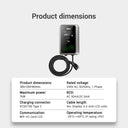 Product dimensions and technical specifications for the Outway EV04, detailing 7kW max power, 240V AC voltage, Type 2 connector, and WiFi communication features.