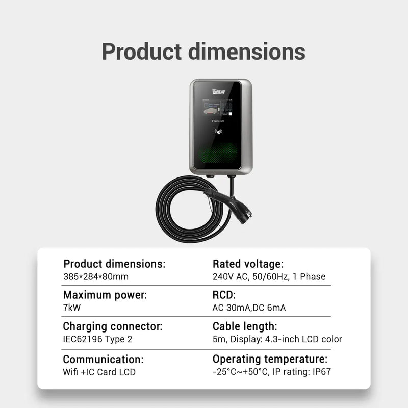 Product dimensions and technical specifications for the Outway EV04, detailing 7kW max power, 240V AC voltage, Type 2 connector, and WiFi communication features.
