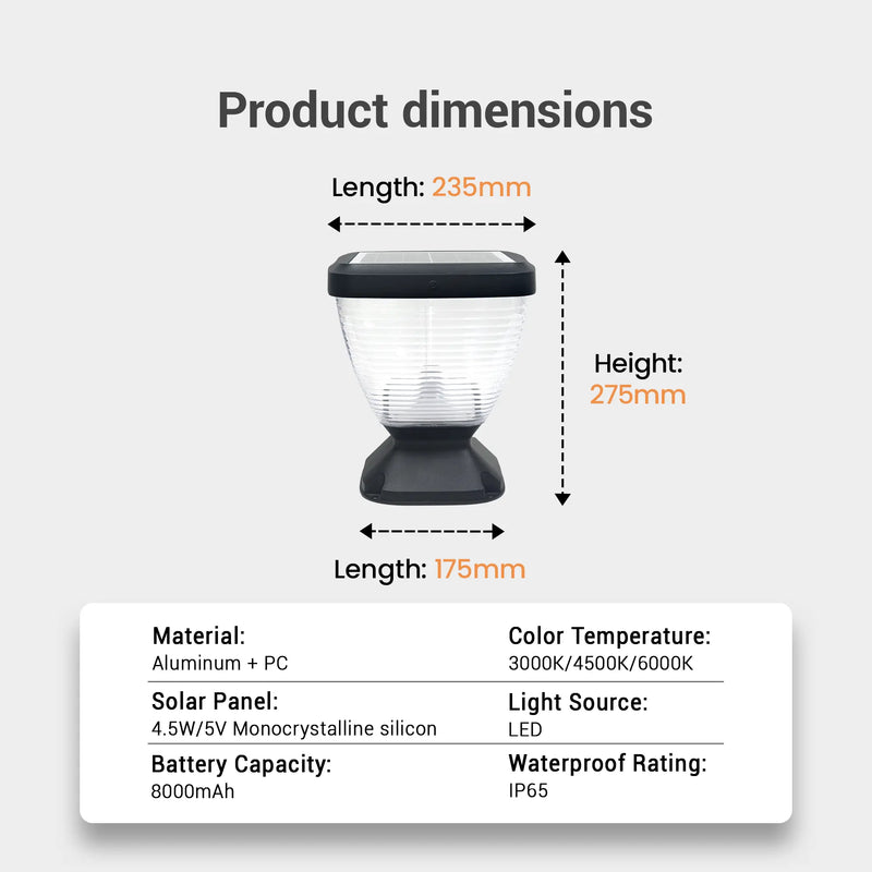 Product dimension diagram of Nexi Solar Pillar Light PT0112 on white background showing 235mm top width, 175mm base width, 275mm height, with spec table: Aluminium and PC material, 4.5W/5V monocrystalline silicon solar panel, 8000mAh battery, 3000K/4500K/6000K colour temperatures, LED light source, IP65 waterproof rating