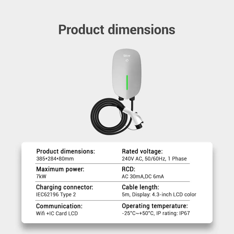 Outway EV05 7kW EV charger specifications including 38528480mm dimensions, 240V rated voltage, IEC62196 Type 2 connector, 5m cable length, and IP67 rating for -25°C to +50°C operation.