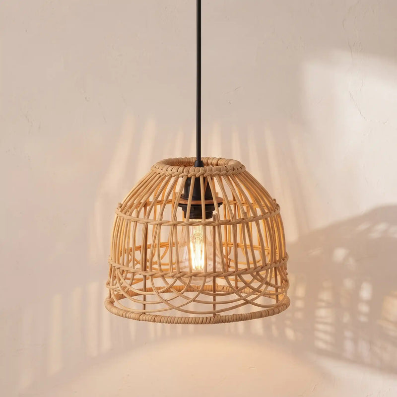 PT0913 solar rattan pendant light with warm white glow for outdoor patios