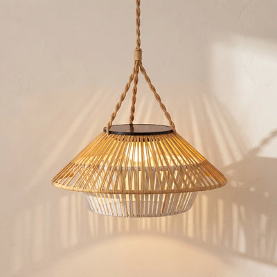 A close-up of the HAIKU PT0902 Rattan Duo Solar Ceiling Light against a plain wall, highlighting its handwoven PE rattan construction. The dual-layer design—coarse outer weave and fine inner diffuser—is clearly visible, showcasing how it transforms simple illumination into a sculptural art piece with zero glare.