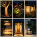 A six-panel collage showing outdoor landscape lighting in use: a tree at night, flowering bushes, a stone wall, a stone path, a house entrance, and a potted plant. The panels demonstrate warm, inviting illumination for landscaping and home exterior use.