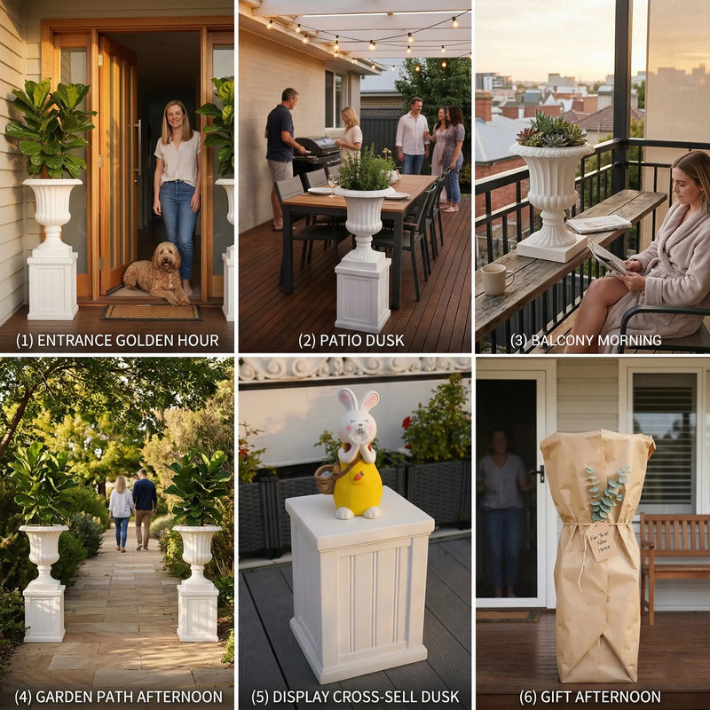Outway F005 F006 Petra planter pedestal six scenes entrance golden hour patio dusk balcony garden path display gift afternoon
