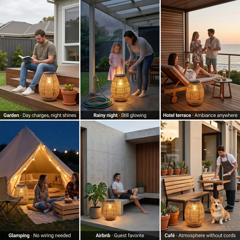 Six-panel collage illustrating versatile use cases for PT0906 lamp: garden (day charges, night shines), rainy night (still glowing), hotel terrace (ambiance anywhere), glamping (no wiring needed), Airbnb (guest favorite), café (atmosphere without cords).