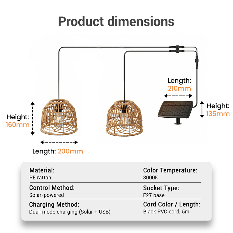 Product dimensions diagram with wicker basket, solar panel, and text details on a white background