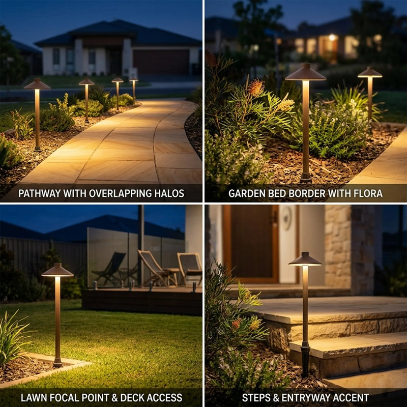 PT0609 Solar Mushroom Pathway Light four placement scenes pathway overlapping halos garden bed border lawn focal point steps entryway night