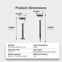 Product dimensions diagram showing two height options (425mm and 570mm) with 150mm diameter base, alongside technical specs: die-cast aluminium body, 3000K warm white LED, 10–12H operating time, 5.5V 220mA polycrystalline solar panel, 18650 3.7V 1200mAh LiFePO4 battery, and IP65 waterproof rating — perfect for buyers comparing size and performance before purchase.