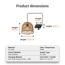 Product dimensions chart with a solar panel and rattan-like structure, showing measurements and specifications.