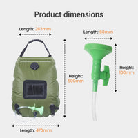 Product dimensions: bag 263x500x470mm; shower head 60x100mm — compact, foldable, ideal for travel and camp storage.