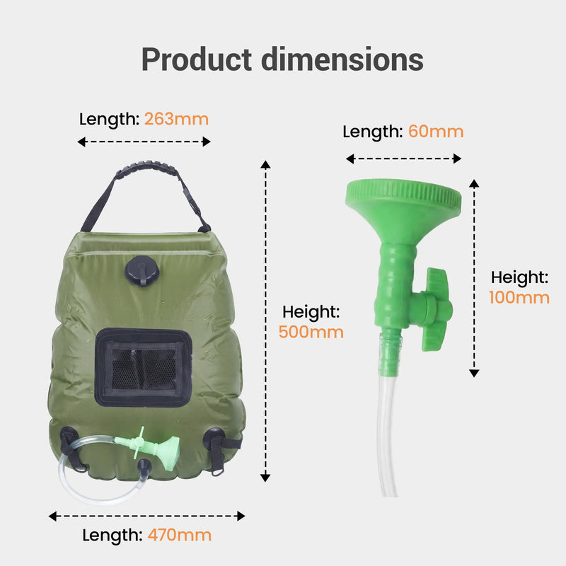 Product dimensions: bag 263x500x470mm; shower head 60x100mm — compact, foldable, ideal for travel and camp storage.