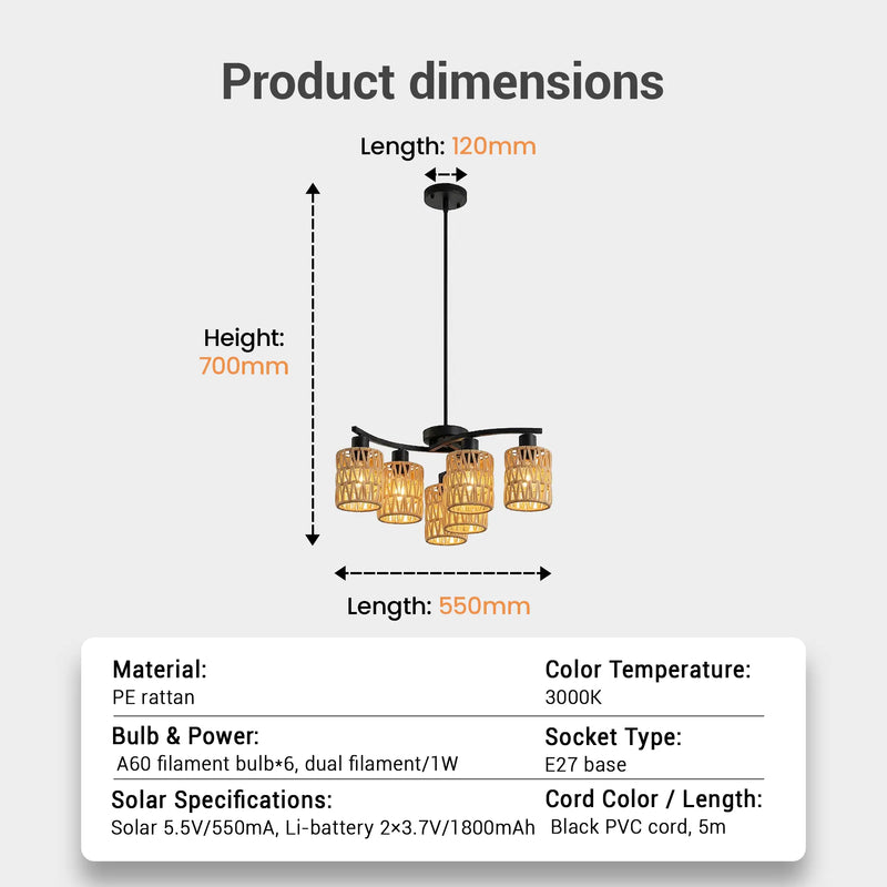 Outway PT0912 product dimension diagram 550mm length 700mm drop 120mm head height PE rattan 3000K E27 base 5m cord solar specifications