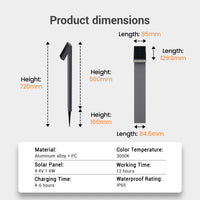 Product dimensions diagram for the Rivix PT0723 solar bollard light showing two installation configurations: ground spike version at 720mm total height (560mm above ground, 160mm spike), and screw-mount version at 85mm wide with a 129.9mm solar head and 84.6mm base width. Specifications table lists aluminum alloy and PC construction, 4.4V 1.4W solar panel, 4–6 hour charge time, 3000K colour temperature, 12-hour working time, and IP65 waterproof rating.