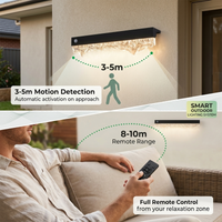 Outway solar wall light with 3–5m PIR motion detection sensor range (top), 8–10m remote control range operated from outdoor sofa (bottom), smart outdoor lighting system