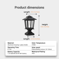 Product dimensions diagram showing HeritagePost measurements: 9.8" H x 5.5" W x 3.74" D, with specs listed below: Aluminum housing + glass shade, 2700K color temperature, 8–10H operating time, 2V 120mA solar panel, 1.2V 600mAh AA Ni-MH battery, IP65 waterproof rating — essential for technical buyers comparing specifications.