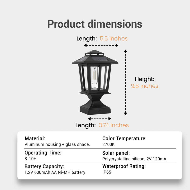 Product dimensions diagram showing HeritagePost measurements: 9.8" H x 5.5" W x 3.74" D, with specs listed below: Aluminum housing + glass shade, 2700K color temperature, 8–10H operating time, 2V 120mA solar panel, 1.2V 600mAh AA Ni-MH battery, IP65 waterproof rating — essential for technical buyers comparing specifications.