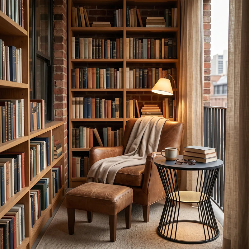 Cozy reading nook with bookshelves, armchair, and small table.