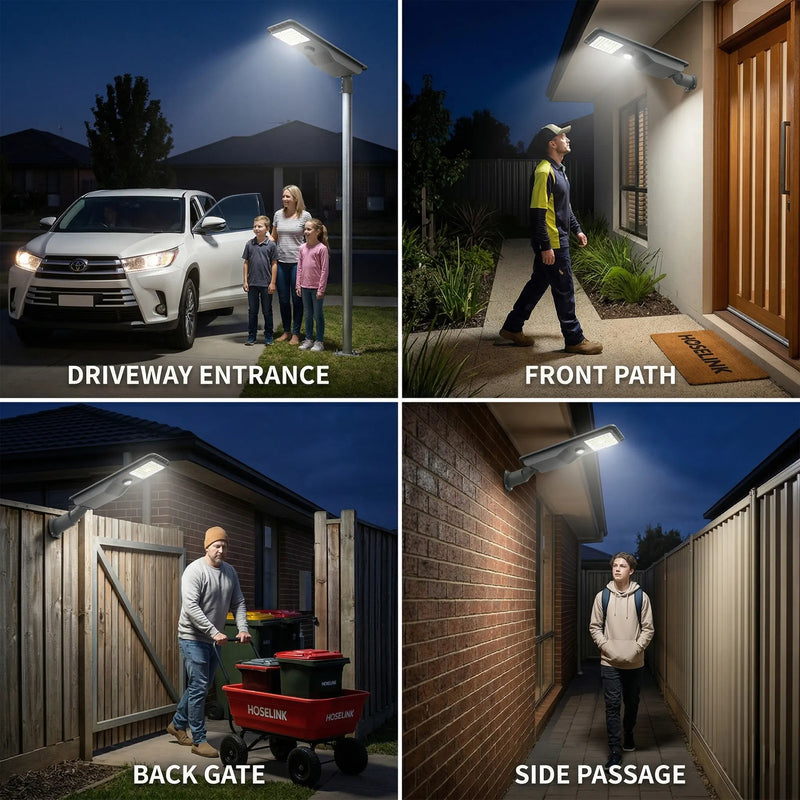 Outway T007ES Nexa solar street light pole-mounted along a park walking path at night, illuminating a runner in a yellow singlet. Multiple lights spaced along the path demonstrate street-level 130×75° rectangular beam coverage with minimal light pollution — suitable for council parks, pathways and commercial outdoor areas.