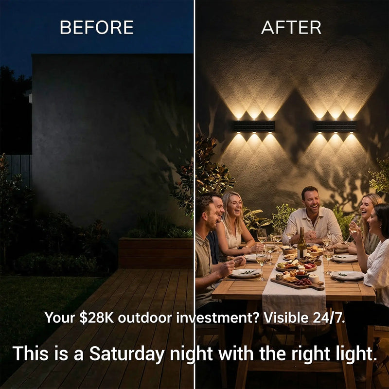6-beam solar wall wash light before and after comparison showing dark bare wall transformed into warm architectural entertaining space with outdoor dining party