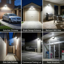 Outway motion sensor floodlight with six applications: driveway, garage, BBQ area, side gate, parking lot, retail shopfront.