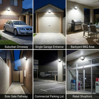 Outway motion sensor floodlight with six applications: driveway, garage, BBQ area, side gate, parking lot, retail shopfront.