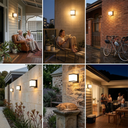 Six-panel collage showing outdoor wall-mounted light fixtures in use on houses, porches, and driveways at dusk, illuminating seating areas, reading nooks, bicycles, plants, and a sleeping cat. The fixtures are shown mounted on stone, brick, and siding walls in real residential environments.