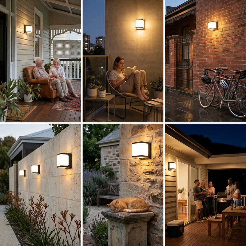 Six-panel collage showing outdoor wall-mounted light fixtures in use on houses, porches, and driveways at dusk, illuminating seating areas, reading nooks, bicycles, plants, and a sleeping cat. The fixtures are shown mounted on stone, brick, and siding walls in real residential environments.