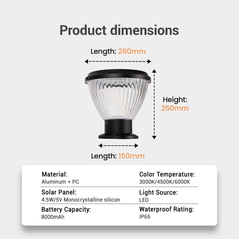 Product dimension diagram of OUTWAY Priva PT0111 solar pillar cap light showing 260mm top length 150mm base length and 250mm height with specifications including aluminium plus PC material 3000K 4500K 6000K colour temperature 4.5W 5V monocrystalline silicon solar panel LED light source 8000mAh battery capacity and IP65 waterproof rating