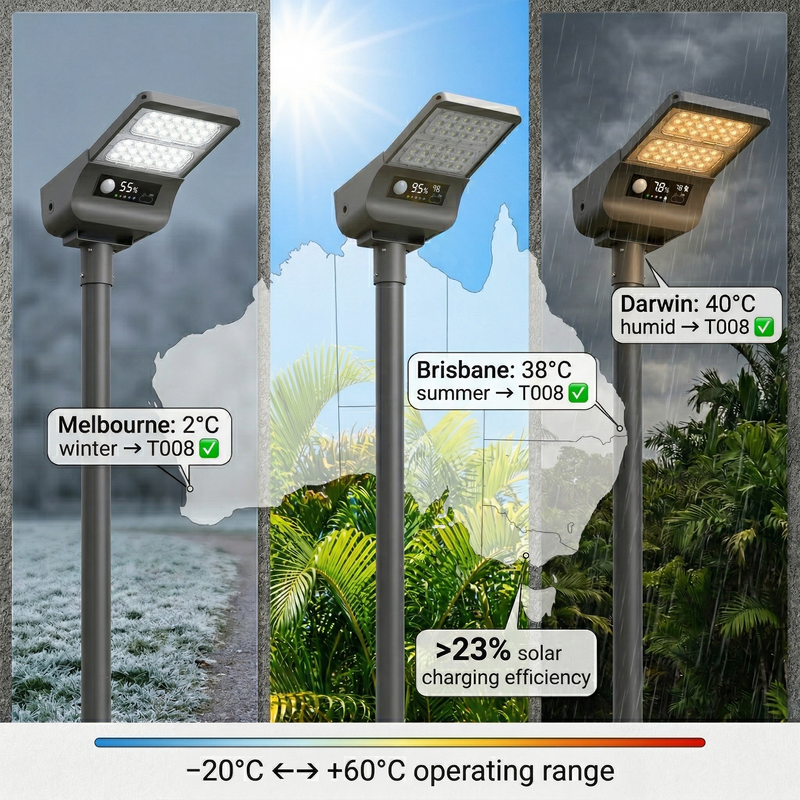 Three outdoor solar pathway light fixtures shown side by side in different environments: a snowy landscape labeled Melbourne 2°C winter, a tropical landscape labeled Brisbane 38°C summer, and a rainy landscape labeled Darwin 40°C humid. The lights are dark gray with white and warm yellow LEDs.