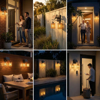 Collage of outdoor scenes with people using solar wall lights on a wooden fence and near a pool.