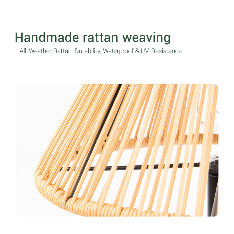 A handmade rattan lamp featuring the words "handmade rattan weaving," designed for table use.