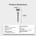 Product dimensions diagram showing 130mm diameter and 465mm height, alongside technical specs: stainless steel + glass shade, 3000K warm white LED, 8–10H operating time, polycrystalline silicon solar panel (2V, 160mA), 1 AA 600mAh Ni-MH battery, and IP65 waterproof rating — ideal for buyers comparing size and performance before purchase.