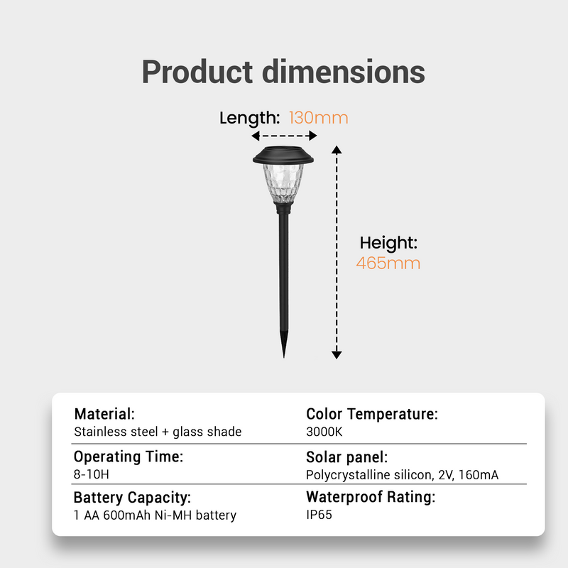 Product dimensions diagram showing 130mm diameter and 465mm height, alongside technical specs: stainless steel + glass shade, 3000K warm white LED, 8–10H operating time, polycrystalline silicon solar panel (2V, 160mA), 1 AA 600mAh Ni-MH battery, and IP65 waterproof rating — ideal for buyers comparing size and performance before purchase.