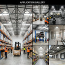 Application gallery showing UFO LED high bay lights installed in warehouse distribution centre gym automotive workshop supermarket and loading dock