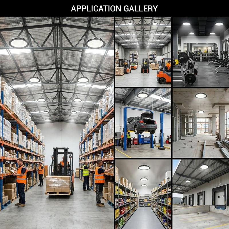 Application gallery showing UFO LED high bay lights installed in warehouse distribution centre gym automotive workshop supermarket and loading dock