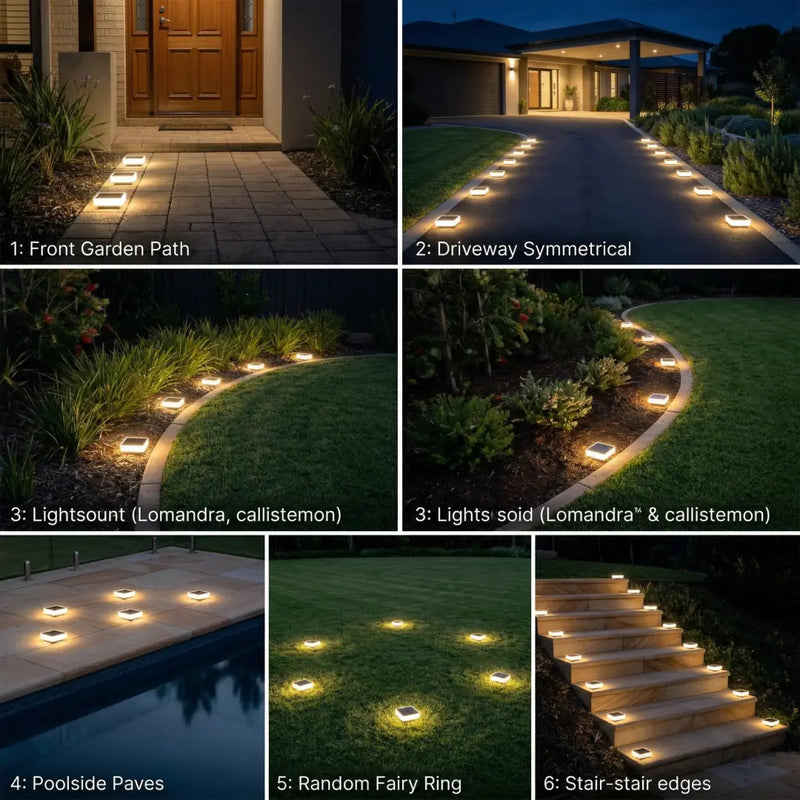 PT0608 Square In-Ground Solar Light multiple scenes front garden path driveway symmetrical poolside pavers fairy ring stair edges Australian landscape