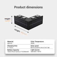 Technical specification diagram of the Grivo solar corner light displaying dimensions of 160mm length and 72mm height, featuring a monocrystalline silicon solar panel, ABS+PS material, 3000K warm white color temperature, and an 18650 lithium battery.