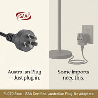 Australian plug and power adapter with SAA certification on a beige background