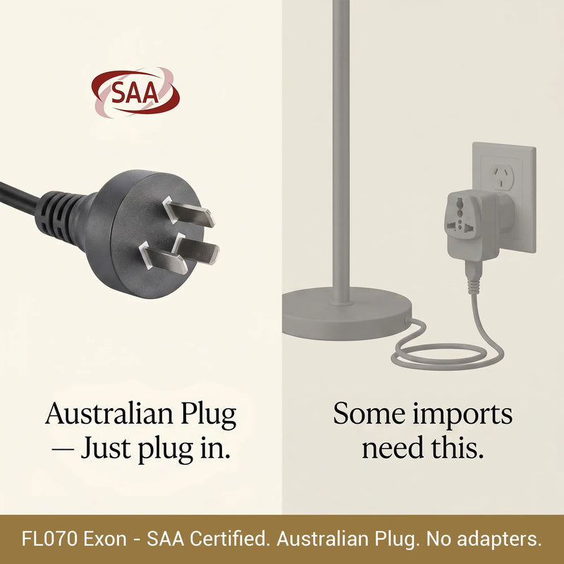 Australian plug and power adapter with SAA certification on a beige background