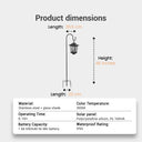 Product dimensions diagram: height 46 inches, lantern width 26.5cm, base width 23cm; specs list stainless steel + glass shade, 3000K color temp, 8–10H runtime, 1 AA 600mAh Ni-MH battery, polycrystalline silicon solar panel, IP65 waterproof rating — providing precise technical data for informed buyers.