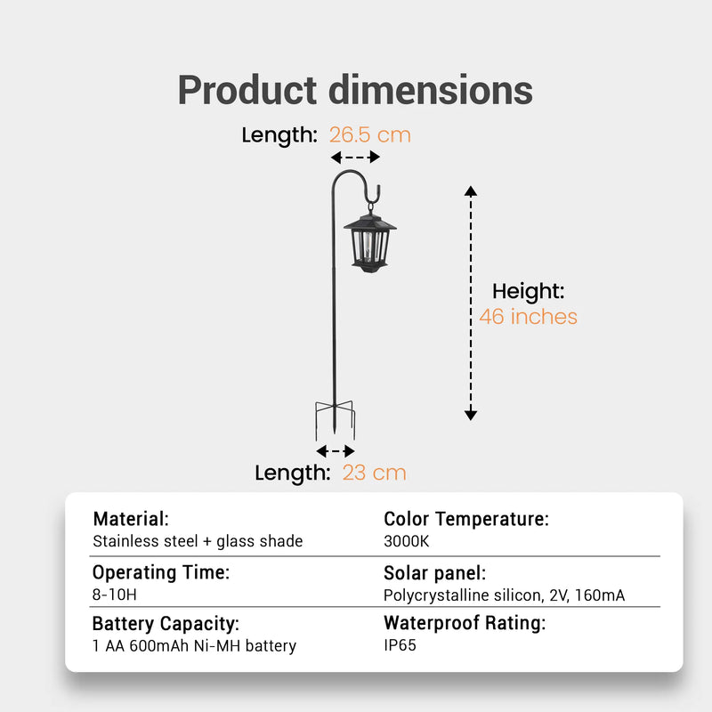 Product dimensions diagram: height 46 inches, lantern width 26.5cm, base width 23cm; specs list stainless steel + glass shade, 3000K color temp, 8–10H runtime, 1 AA 600mAh Ni-MH battery, polycrystalline silicon solar panel, IP65 waterproof rating — providing precise technical data for informed buyers.