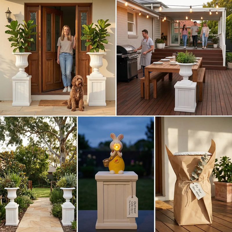 Six-scene collage: Flora Combo at front door with woman and dog, on deck at BBQ, in garden pathway, Hoppi rabbit on pedestal at night, gift wrapped, deck entertaining — F004-F006-flora-multiple-lifestyle-scenes-collage