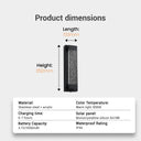 Product dimensions chart with a solar panel light and technical specifications on a gray background