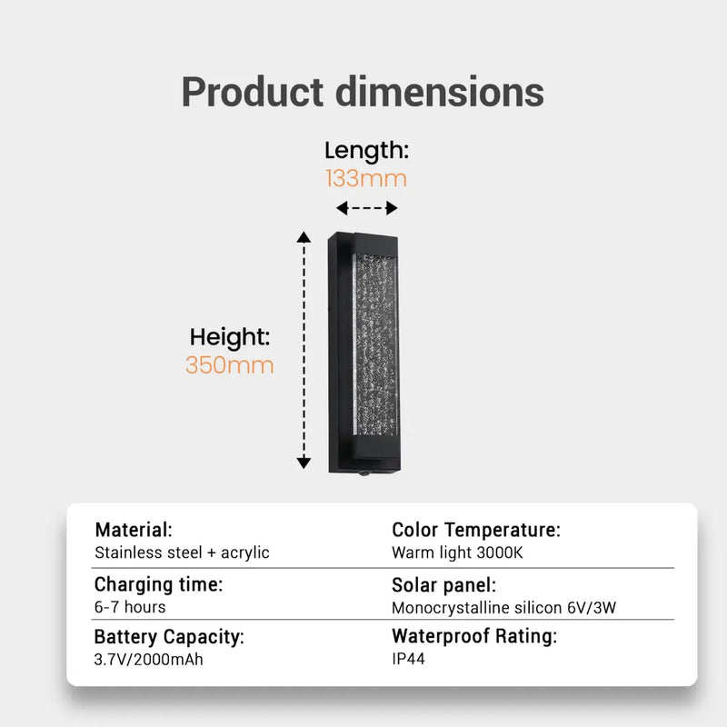 Product dimensions chart with a solar panel light and technical specifications on a gray background
