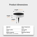Product dimensions and specifications for Niteo Circle Solar Light, showing 154mm length, 31mm height, PC material, 3000K warm white color temperature, 30LM output, and IP65 waterproof rating.