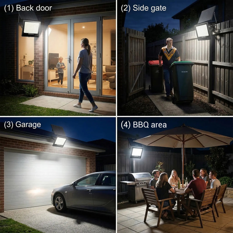 Four real-use installation scenarios: (1) Back door – mother and child at night entrance, (2) Side gate – man taking out bins, (3) Garage – car pulling in at night, (4) BBQ area – group of friends dining outdoors under bright solar light.