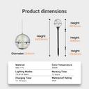 Product dimensions chart for a solar garden light stake, showing the spherical head with a diameter of 124mm and the full stake height of 306mm, alongside a material, lighting modes, working time, charging time, color temperature, and waterproof rating information.