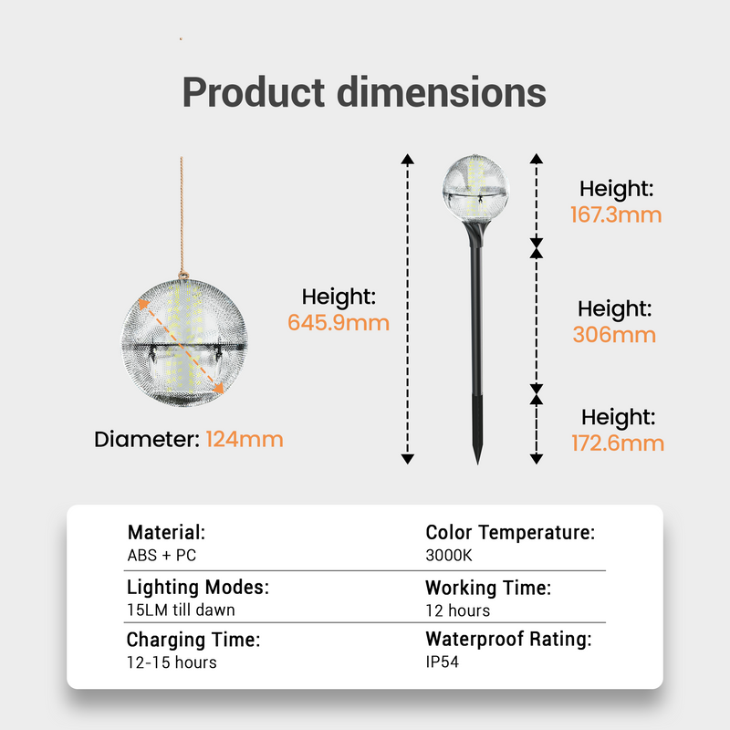 Product dimensions chart for a solar garden light stake, showing the spherical head with a diameter of 124mm and the full stake height of 306mm, alongside a material, lighting modes, working time, charging time, color temperature, and waterproof rating information.