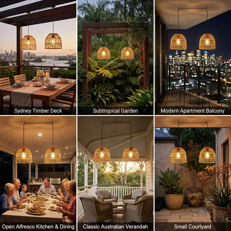 Collage of various outdoor settings with hanging lights, including a timber deck, garden, apartment balcony, kitchen, verandah, and courtyard.